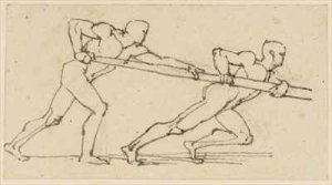 Two Male Figures pushing a Pole to the Right
