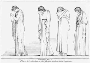 Electra and the Chorus bearing vessels for libation on the tomb of Agamemnon