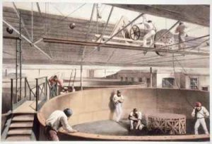Coiling the telegraph cable in the tanks at the works in Greenwich