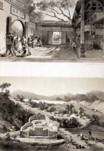 Interior View of the Great Temple at Macao and a Tomb and Village between the Bays of Hong Kong and Cowloon