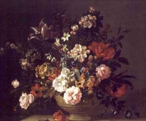 Roses, Tulips and other Flowers in an Urn on a Ledge